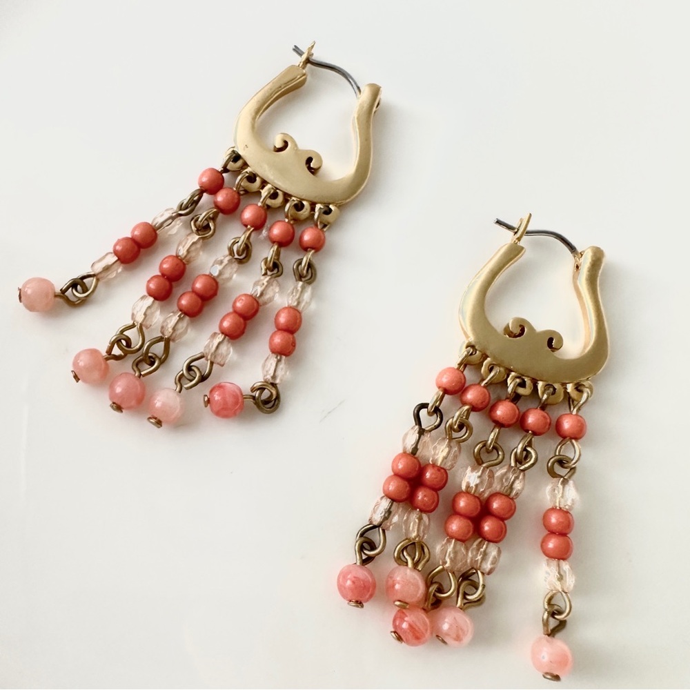 Fashion Jewelry Gold and Coral Dangle Earrings 2×0.6 inch.
